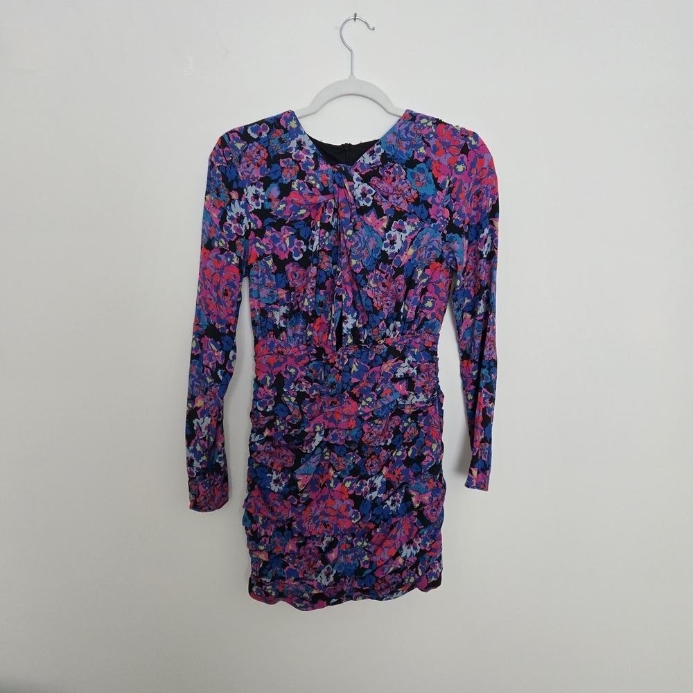 Zara Floral Long Sleeve Rouched Mini Dress Open slit front Feminine Cocktail | M